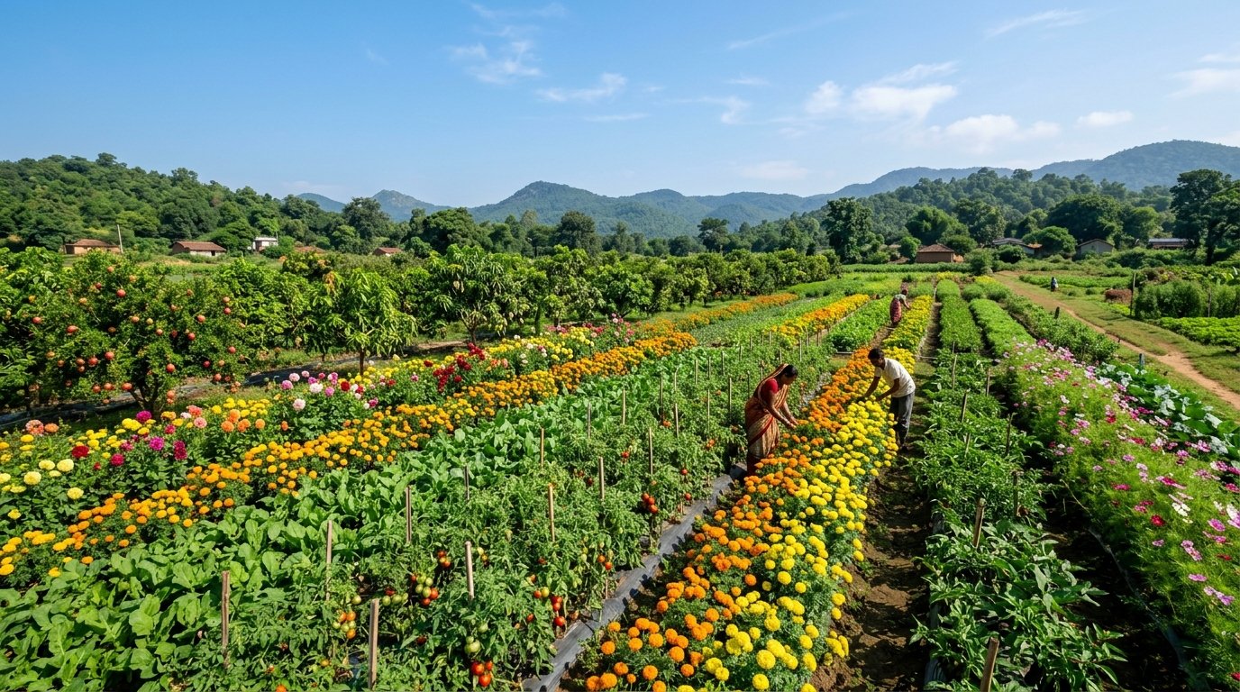Vibrant horticulture farm with flowers and vegetable crops in Jharkhand
